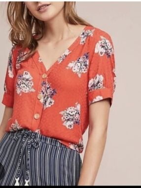 Maeve/ Anthropologie Floral Button-Front V-Neck Top - Orange/ Pink